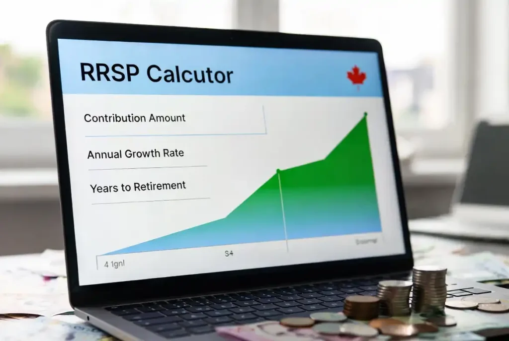 "Canadian RRSP Calculator 2026 displayed on a laptop screen with a rising green growth chart, contribution fields, and Canadian maple leaf icon. Canadian dollar coins and bills in the foreground symbolize retirement savings growth. Professional financial planning image for the best free RRSP contribution limit, growth, and retirement calculator in Canada."