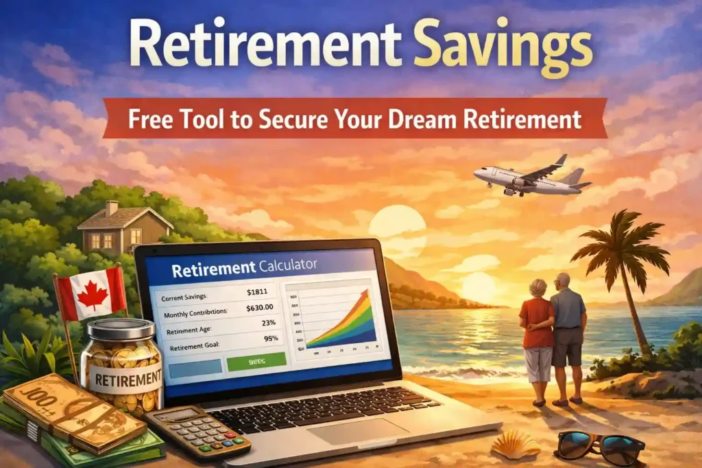 Retirement savings concept with laptop financial planner, coin jar, Canadian currency, and senior couple enjoying sunset beach, representing secure future planning.