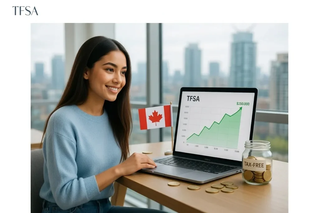 Young Canadian woman smiling at TFSA growth chart on laptop showing tax-free savings potential