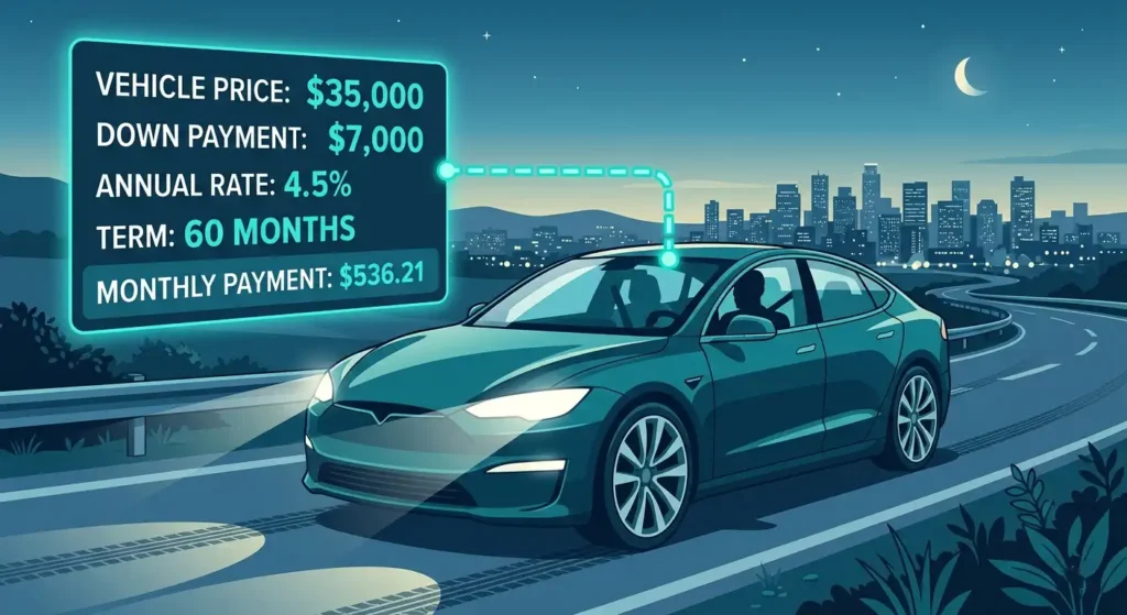A stylized illustration of a car driving at night with a digital floating loan calculator panel showing a calculated monthly payment of $536.21.