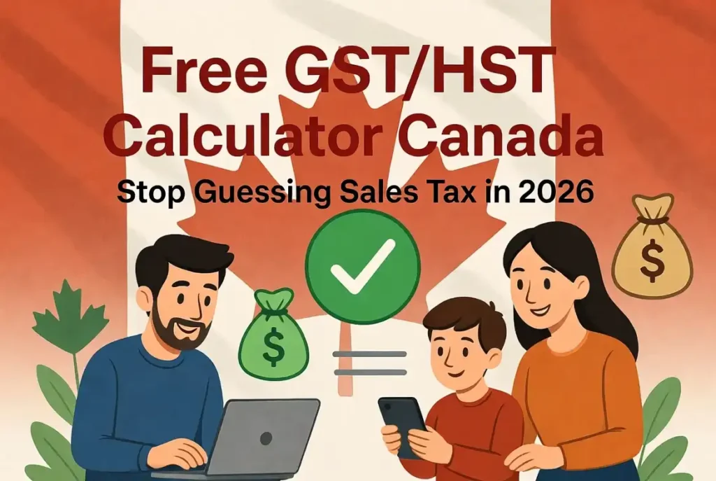 Free GST HST calculator Canada 2026 with happy Canadian family shopping online and maple leaf background