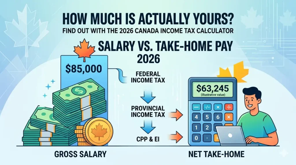 Canada income tax calculator 2026 showing salary breakdown, take-home pay, CPP and EI deductions