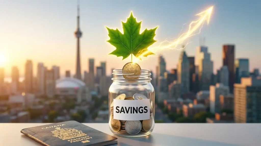 A vibrant green maple leaf with a glowing golden growth curve emerging from a Canadian savings jar against a Toronto sunrise background.