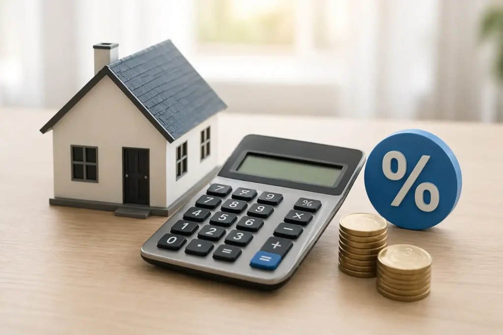 A miniature toy house sitting on a wooden desk next to a digital calculator, stacks of gold coins, and a blue percentage symbol, representing real estate taxes and closing cost calculations.