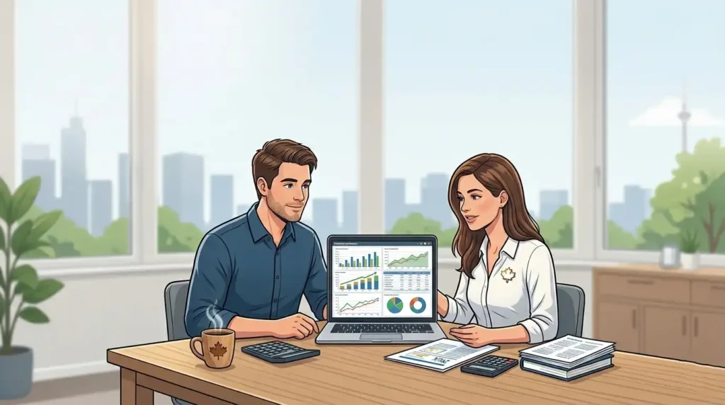 Two professional investors in a bright office reviewing Canadian financial growth charts and capital gains data on a laptop, with a blurred Toronto-style skyline in the background.