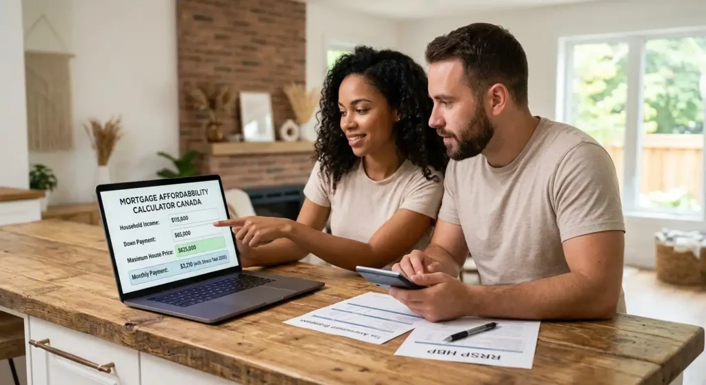 A person using a laptop to access a mortgage affordability calculator Canada to determine their home buying budget in 2026.
